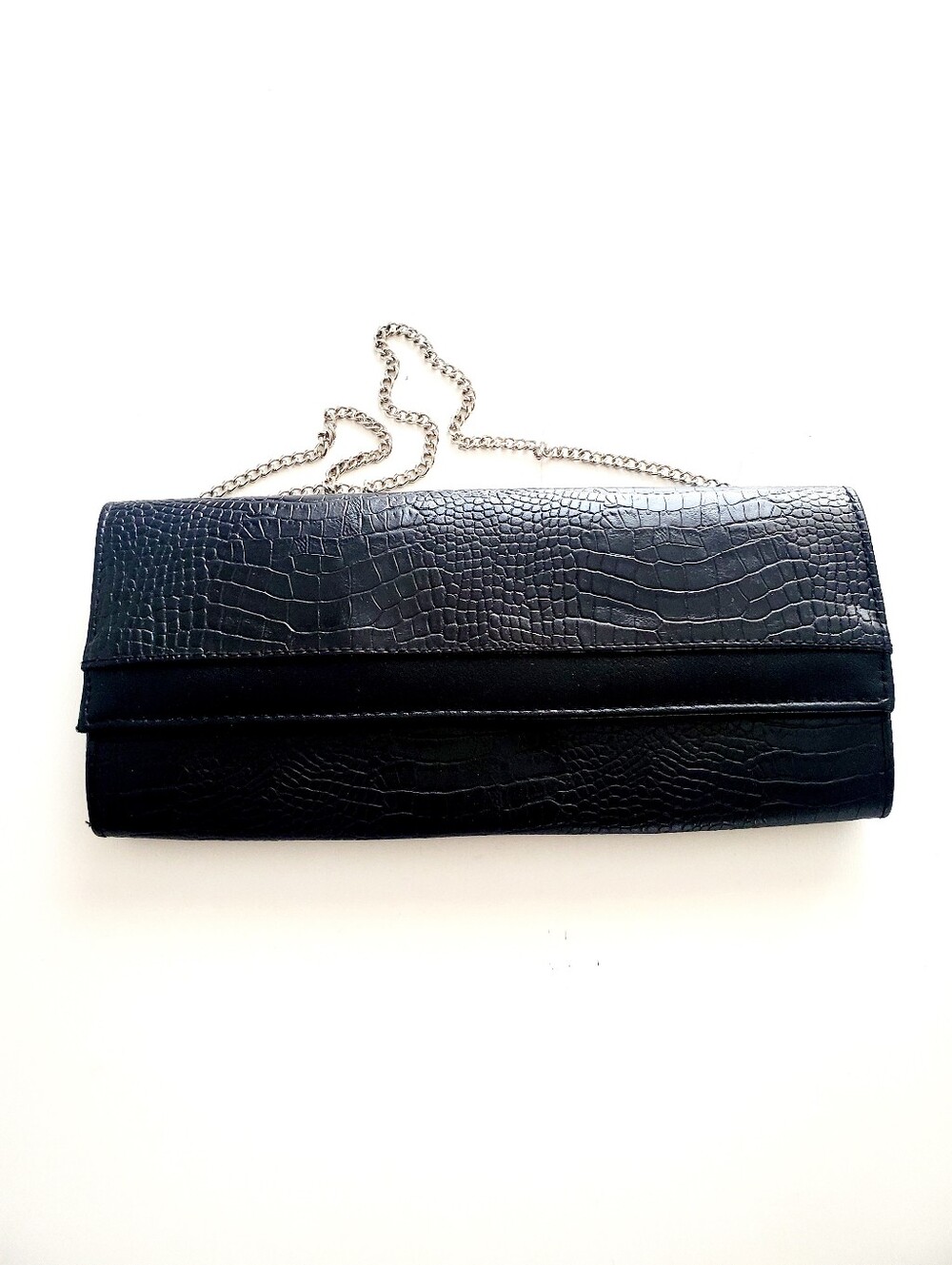 Ricki's Black Croc-Texture Clutch with Silver Chain